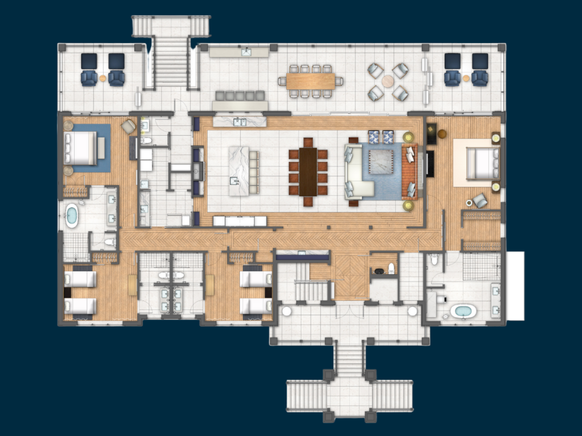 A detailed architectural floor plan of a spacious house, showing multiple rooms, bedrooms, living areas, kitchen, bathrooms, and a central dining area, all on a single level.