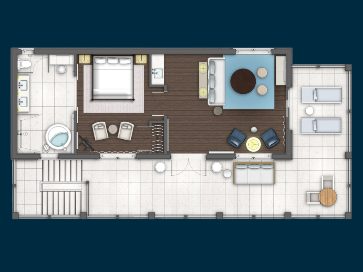 A compact apartment: bedroom with bed and desk, adjacent bathroom, open living area with sofa and round coffee table, small dining nook, kitchen, and a balcony/patio.