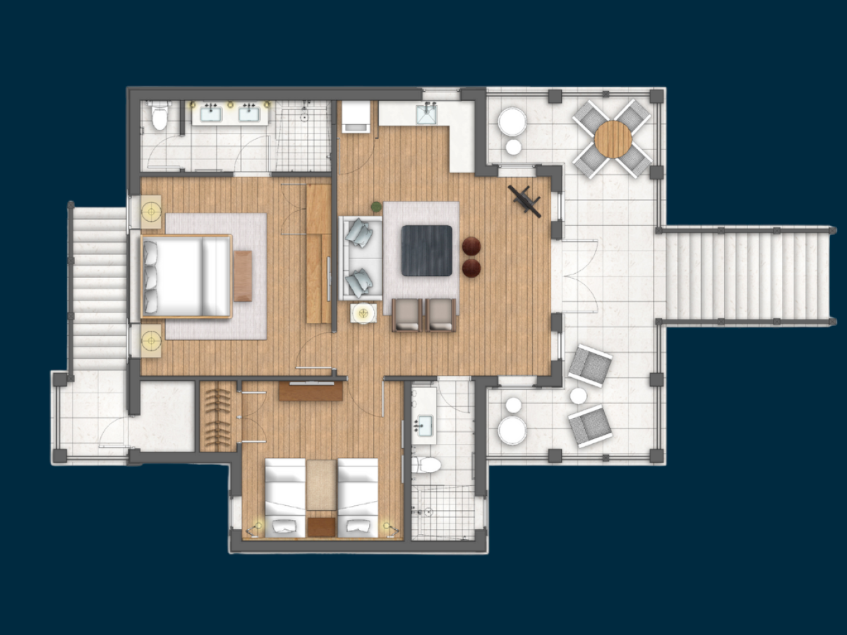 A detailed house floor plan: central living area with sofa and TV, surrounding bedrooms, kitchen, dining, bathrooms, and a sunny balcony/porch on the right.