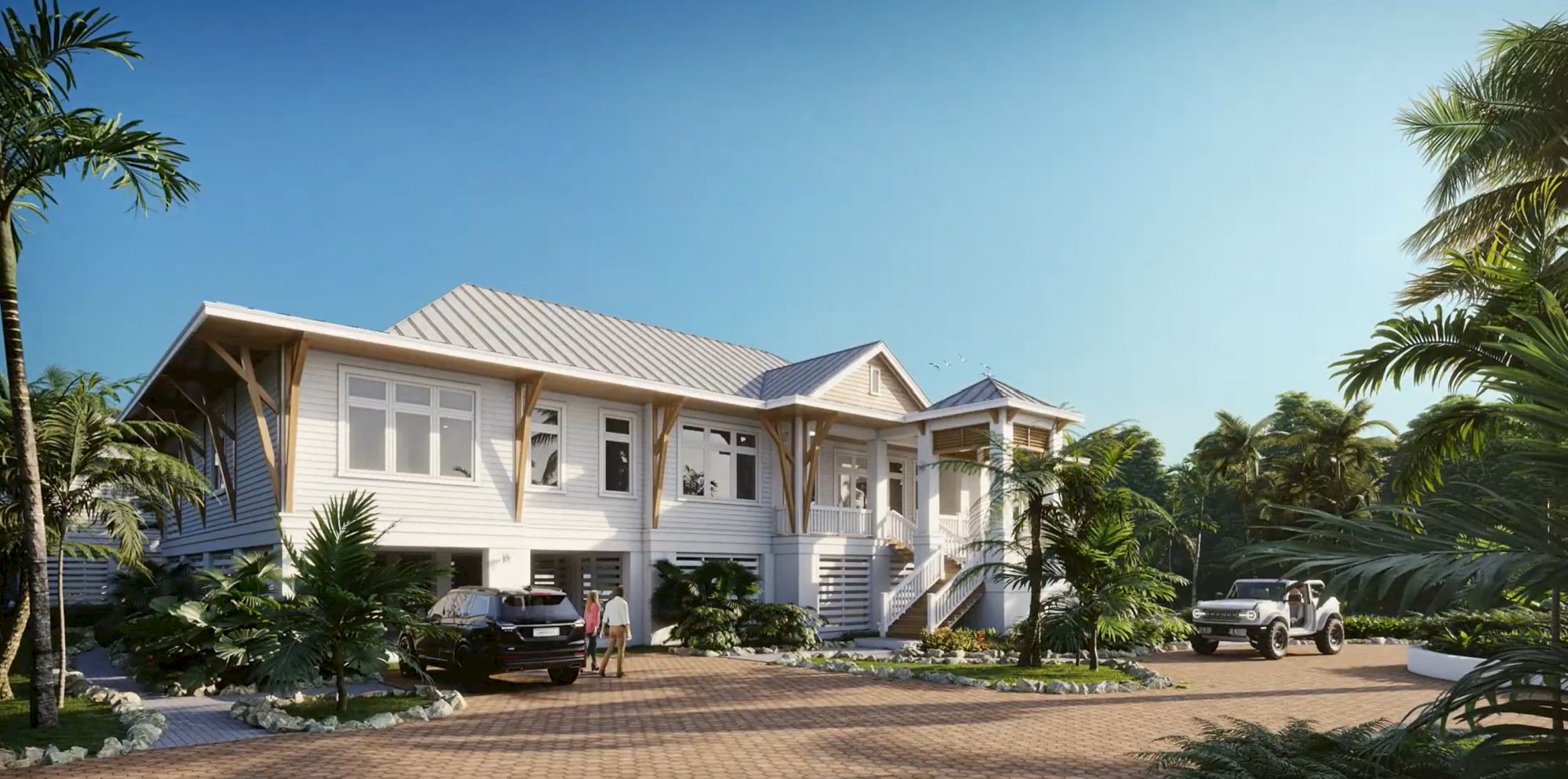 A modern coastal-style house with a light exterior, multiple gabled sections, palm trees, and cars parked along a paved driveway. End.