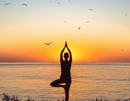 A person in a silhouetted yoga pose stands by a calm ocean at sunset, with birds flying overhead and golden light on the water.